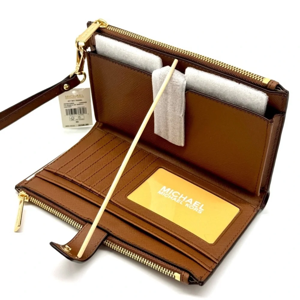 Michael Kors Large Jet Set Travel Logo Double Zip Wallet Luggage Brown - Picture 7 of 9